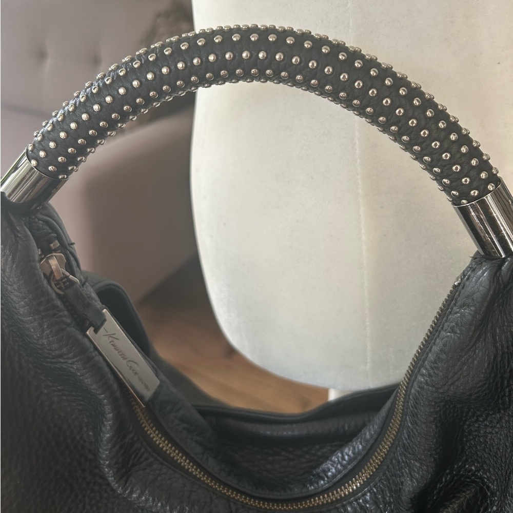 KENNETH COLE Black Leather Slouchy Hobo Bag with Studded Handle - Picture 8 of 13